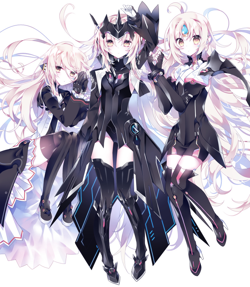 absurdres ahoge arm_up armor armored_boots armored_leotard black_dress black_footwear black_gloves black_leotard blush boots brown_eyes code:_exotic_(elsword) code:_nemesis_(elsword) code:_ultimate_(elsword) dress elbow_gloves elsword eve_(elsword) fingerless_gloves floating_hair g_ieep gloves hair_between_eyes high_heel_boots high_heels highres leotard long_hair looking_at_viewer multiple_girls parted_lips short_dress silver_hair simple_background sleeveless sleeveless_dress thigh_boots thighhighs time_paradox very_long_hair white_background white_gloves zettai_ryouiki