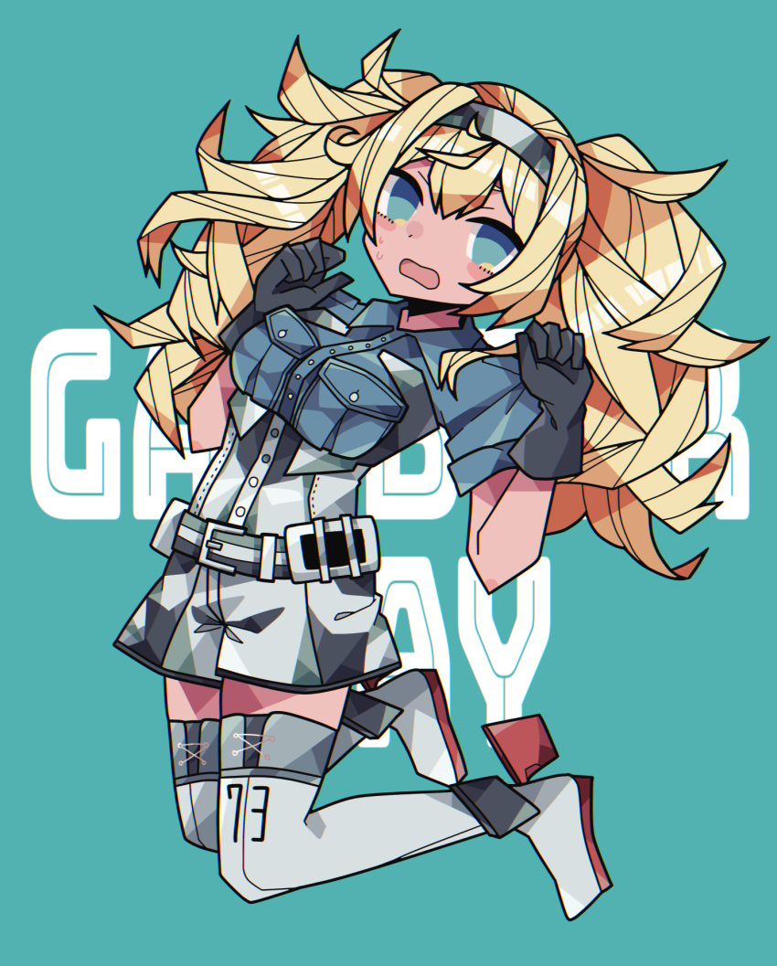 black_gloves blonde_hair blue_eyes blush boots breast_pocket breasts buttons commentary_request gambier_bay_(kantai_collection) gloves hair_between_eyes hairband highres kantai_collection large_breasts long_hair looking_at_viewer messy_hair open_mouth pocket rirashi shorts solo thigh_boots thighhighs twintails