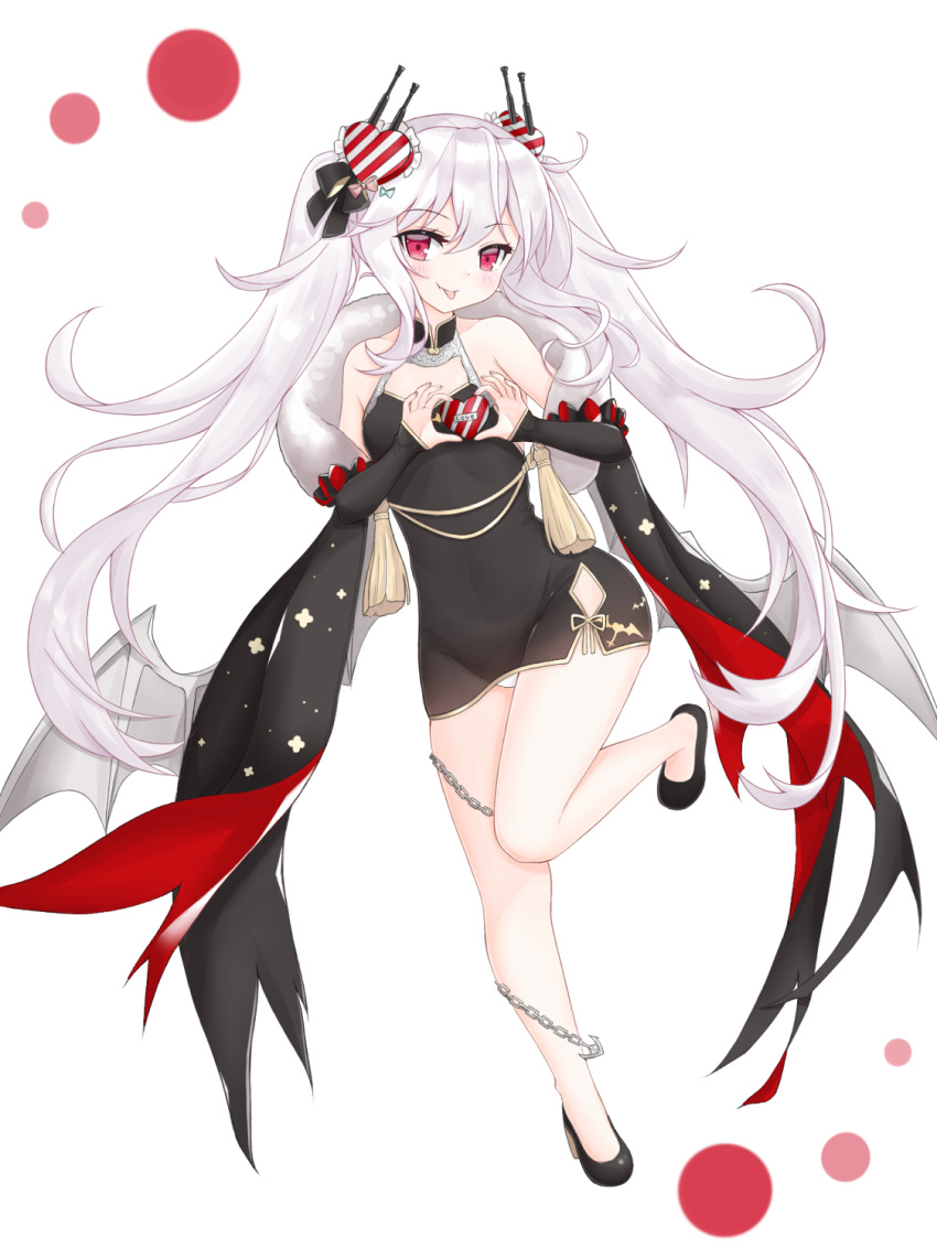 :p anchor azur_lane bangs bare_shoulders black_bow black_dress black_footwear blush bow chain china_dress chinese_clothes closed_mouth commentary_request detached_sleeves dress eyebrows_visible_through_hair full_body fur_collar hair_between_eyes hair_bow hair_ornament heart heart_hair_ornament highres long_hair long_sleeves looking_at_viewer mentai_mayo panties purple_eyes shoes short_dress side_ponytail silver_hair sleeveless sleeveless_dress sleeves_past_wrists smile solo standing standing_on_one_leg tongue tongue_out twintails underwear valentine vampire_(azur_lane) very_long_hair white_background white_panties