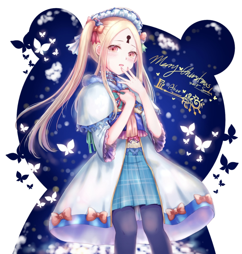 1girl abigail_williams_(fate/grand_order) alternate_costume alternate_hairstyle bangs black_legwear blonde_hair blue_skirt blush bow brown_bow bug butterfly capelet commentary_request dress eyebrows_visible_through_hair fate/grand_order fate_(series) fingernails fur-trimmed_capelet fur_trim hair_bow hands_up head_tilt highres insect key keyhole looking_at_viewer merry_christmas pantyhose parted_bangs parted_lips plaid plaid_skirt pleated_skirt red_eyes sanka_tan short_sleeves sidelocks skirt solo twintails white_capelet white_dress wide_sleeves