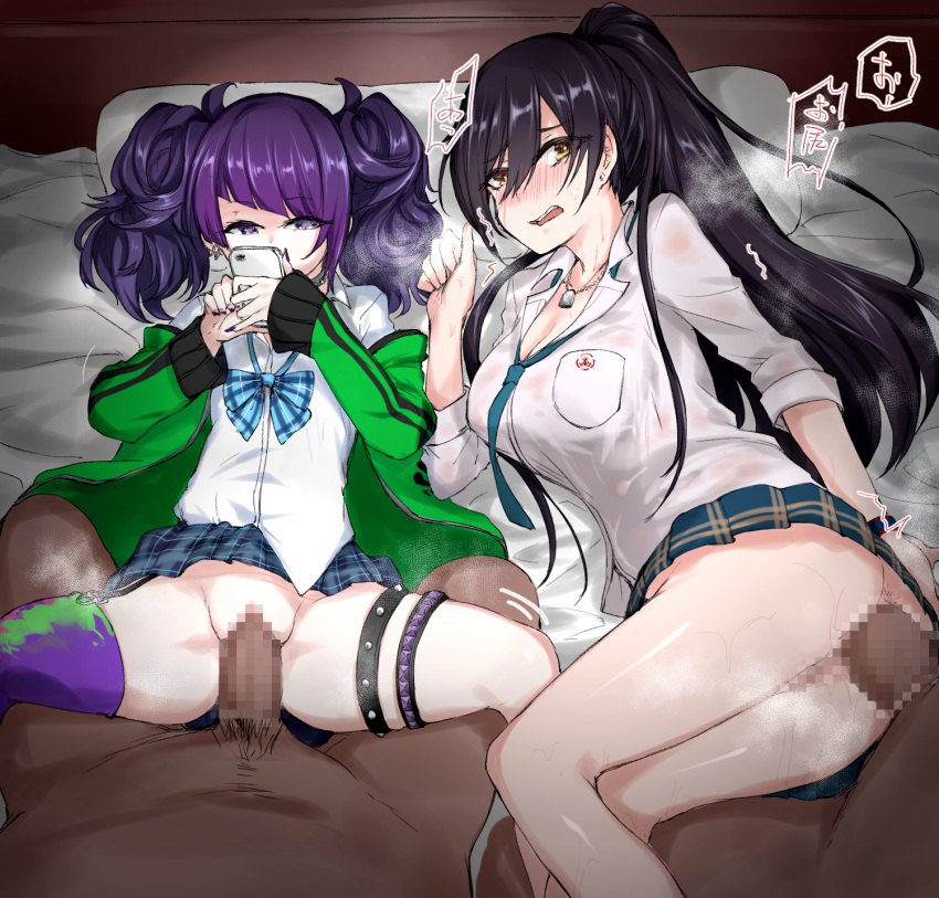 2boys 2girls anal ass bangs bed black_hair blunt_bangs breasts brown_eyes cellphone censored cleavage clothed_female_nude_male dark_skin dark_skinned_male diagonal_bangs ear_piercing earrings expressionless garter_straps group_sex hetero highres idolmaster idolmaster_shiny_colors jacket jewelry large_breasts long_hair looking_at_viewer lying male_pubic_hair mosaic_censoring multiple_boys multiple_girls multiple_penises nail_polish necklace nude off_shoulder on_back on_side penis phone piercing pillow pleated_skirt ponytail pov pubic_hair purple_eyes purple_hair purple_nails school_uniform sex shirase_sakuya skirt smartphone spread_legs sweat tanaka_mamimi thigh_strap thighhighs twintails vaginal very_long_hair