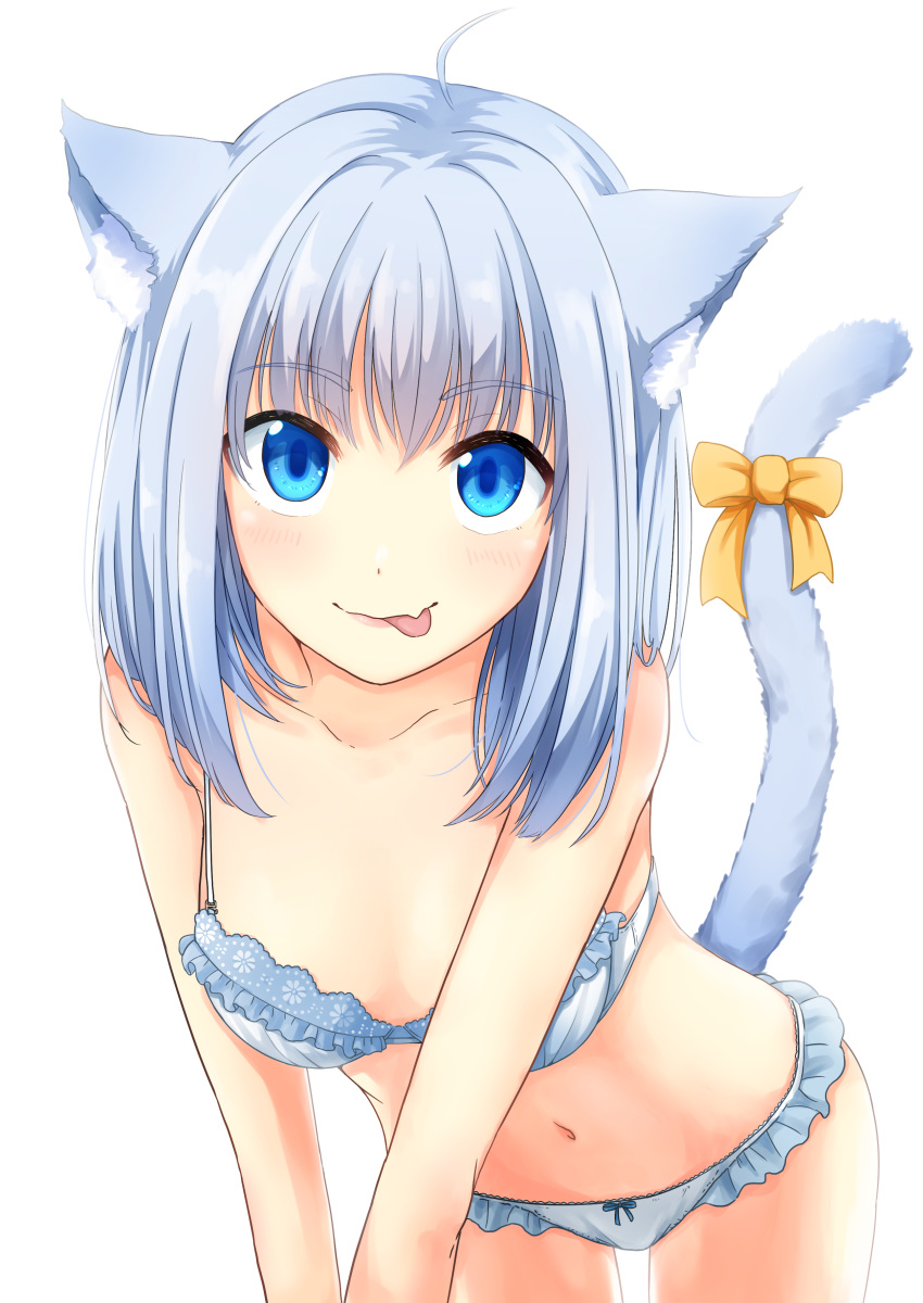 :q absurdres ahoge animal_ears bangs bare_shoulders bikini blue_bikini bow cat_ears cat_tail closed_mouth collarbone eyebrows_visible_through_hair fang frilled_bikini frills highres leaning_forward lips long_hair navel orange_bow original sanpaku shiny shiny_hair simple_background smile solo stomach swimsuit tail tail_bow tareme tongue tongue_out tsunamayo_(flying_cat) white_background