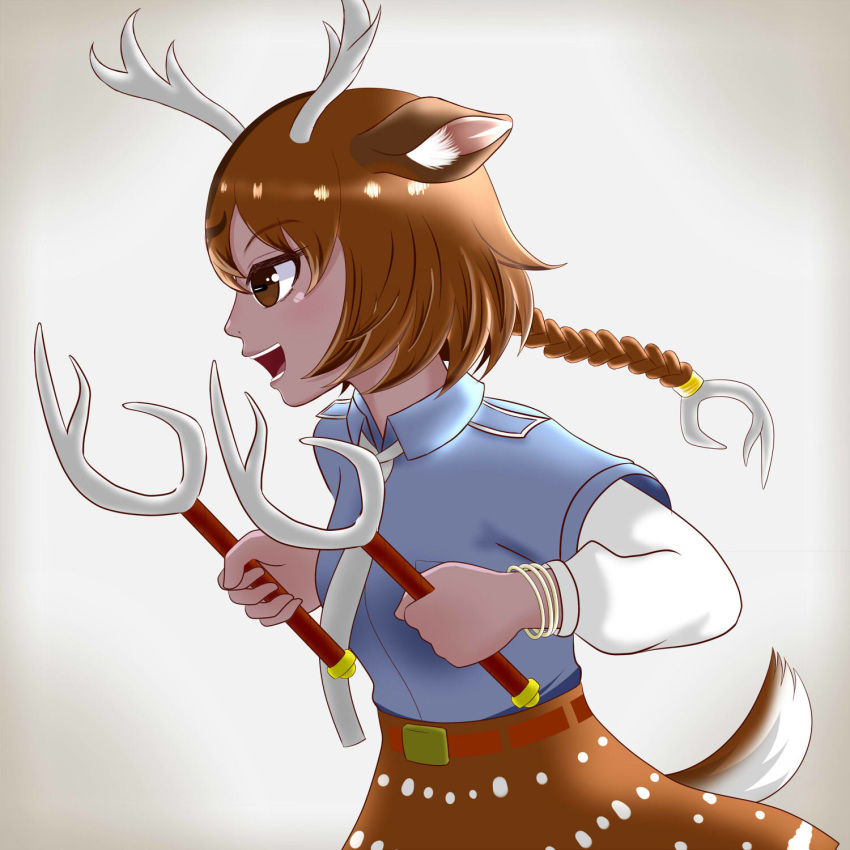 animal_ears antler_sai antlers axis_deer_(kemono_friends) bracelet braid brown_eyes brown_hair commentary_request dark_skin deer_antlers deer_ears deer_print deer_tail gloves hair_ornament highres jewelry kemono_friends long_hair open_mouth sai_(weapon) shirt short_hair skirt smile spotted_hair tail u-densha weapon