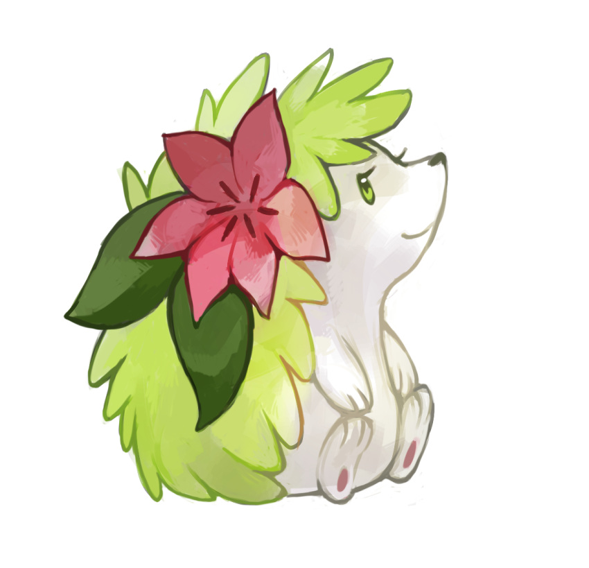 eyelashes flower full_body gen_4_pokemon glitchedpuppet green green_eyes hair_flower hair_ornament legendary_pokemon looking_up no_humans pokemon pokemon_(creature) shaymin simple_background sitting smile solo white_background