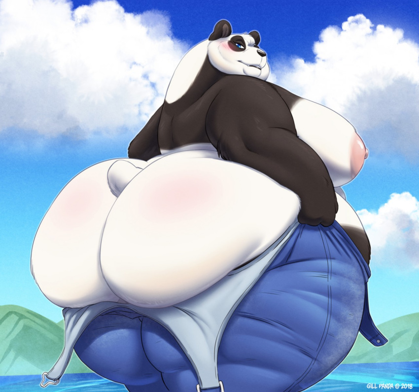 2018 anthro areola bear big_breasts big_butt black_fur black_nose blue_bottomwear blue_eyes blush breasts butt clothed clothing cloud detailed_background female fur gillpanda gillpanda_(character) half-closed_eyes hi_res looking_at_viewer looking_back looking_down mammal multicolored_fur nipples nude outside overweight overweight_female panda partially_clothed pink_nipples short_tail sky standing thick_thighs tight_clothing water white_fur white_tail