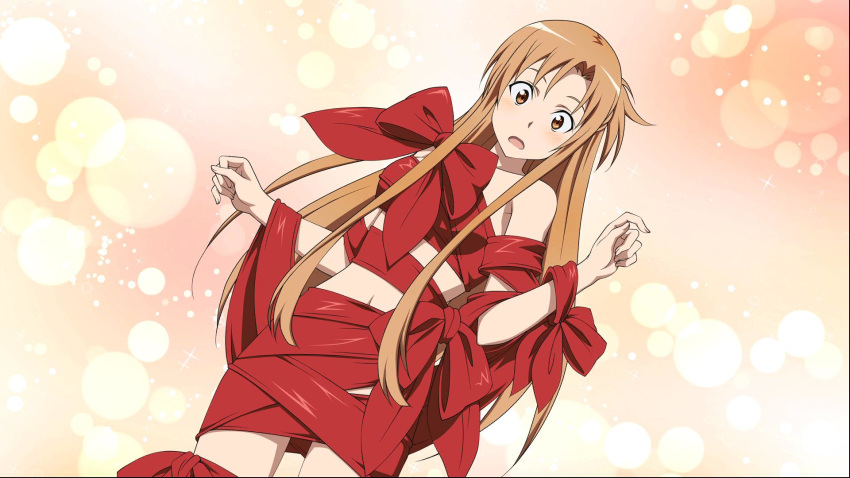 asuna_(sao) breasts brown_eyes brown_hair cowboy_shot dutch_angle embarrassed game_cg highres lens_flare long_hair medium_breasts midriff naked_ribbon navel official_art open_mouth red_ribbon ribbon shiny solo standing stomach sword_art_online sword_art_online:_fatal_bullet very_long_hair