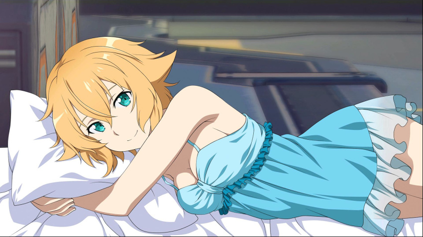 aqua_eyes bed_sheet blonde_hair blue_dress breasts cleavage dress game_cg hair_between_eyes highres indoors looking_at_viewer lying medium_breasts official_art on_side philia_(sao) pillow pillow_hug see-through_silhouette short_dress short_hair sideboob sleeveless sleeveless_dress smile solo sword_art_online sword_art_online:_fatal_bullet