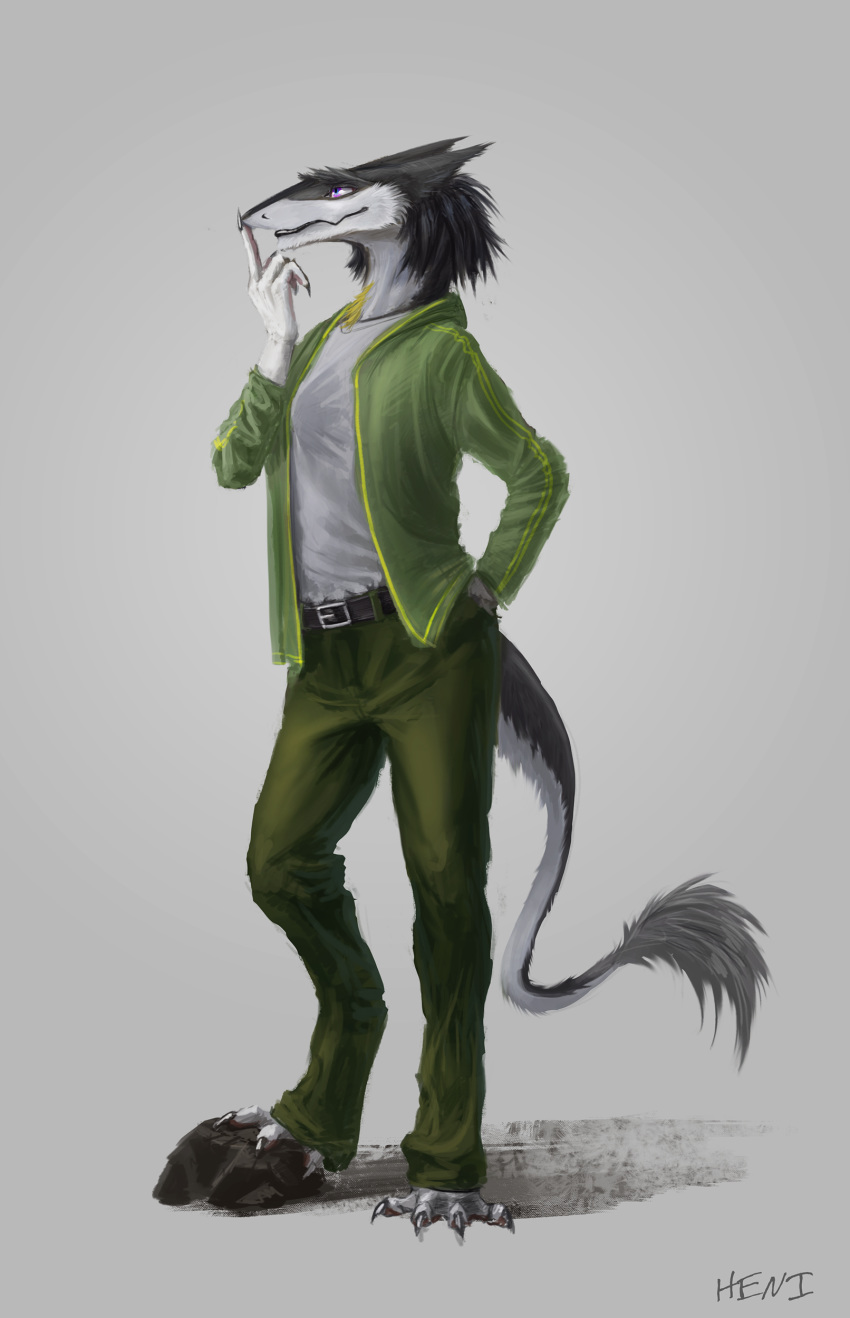 2018 anthro belt blue_eyes claws clothed clothing countershading detailed digital_media_(artwork) digital_painting_(artwork) dipstick_tail full-length_portrait fur green_clothing grey_background grey_fur grey_tail hand_in_pocket heni hi_res hindpaw kel male mammal markings multicolored_fur multicolored_tail nature neck_tuft outside pants pawpads paws portrait raised_index_finger raised_leg realistic rock sergal shadow shirt signature simple_background solo standing tail_tuft toe_claws tuft two_tone_fur two_tone_tail vest vilous_universe white_fur yellow_markings