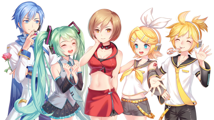 3girls :d ahoge arm_behind_back belt black_pants black_skirt blonde_hair blue_eyes blue_hair blue_scarf blush bow breasts brown_eyes brown_hair cleavage closed_eyes collar cowboy_shot detached_sleeves flower gradient_hair grey_hair grey_shirt grey_shorts guozi_li hair_bow hair_ornament hairclip hand_on_own_cheek hatsune_miku hatsune_speed:_hatsune_miku_roller_skating_music headphones headset holding holding_flower kagamine_len kagamine_rin kaito long_hair looking_at_viewer medium_breasts meiko microphone midriff miniskirt mouth_hold multicolored_hair multiple_boys multiple_girls navel necktie open_mouth outstretched_arms pants pleated_skirt red_flower red_rose red_skirt rose scarf shiny shiny_clothes shirt short_hair short_ponytail short_shorts short_sleeves shorts simple_background skirt sleeveless sleeveless_shirt smile standing stomach two-tone_hair very_long_hair vocaloid white_background white_bow white_shirt yellow_neckwear