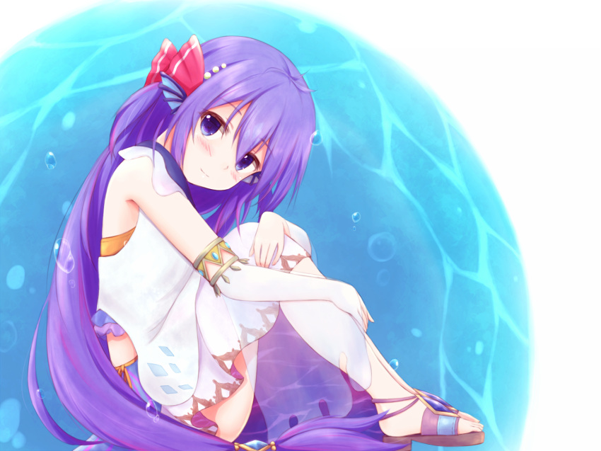armlet bubble dress from_side grimms_notes highres knees_to_chest long_hair natsu_(927013) purple_eyes purple_hair sandals sitting smile solo the_little_mermaid the_little_mermaid_(andersen) water white_dress