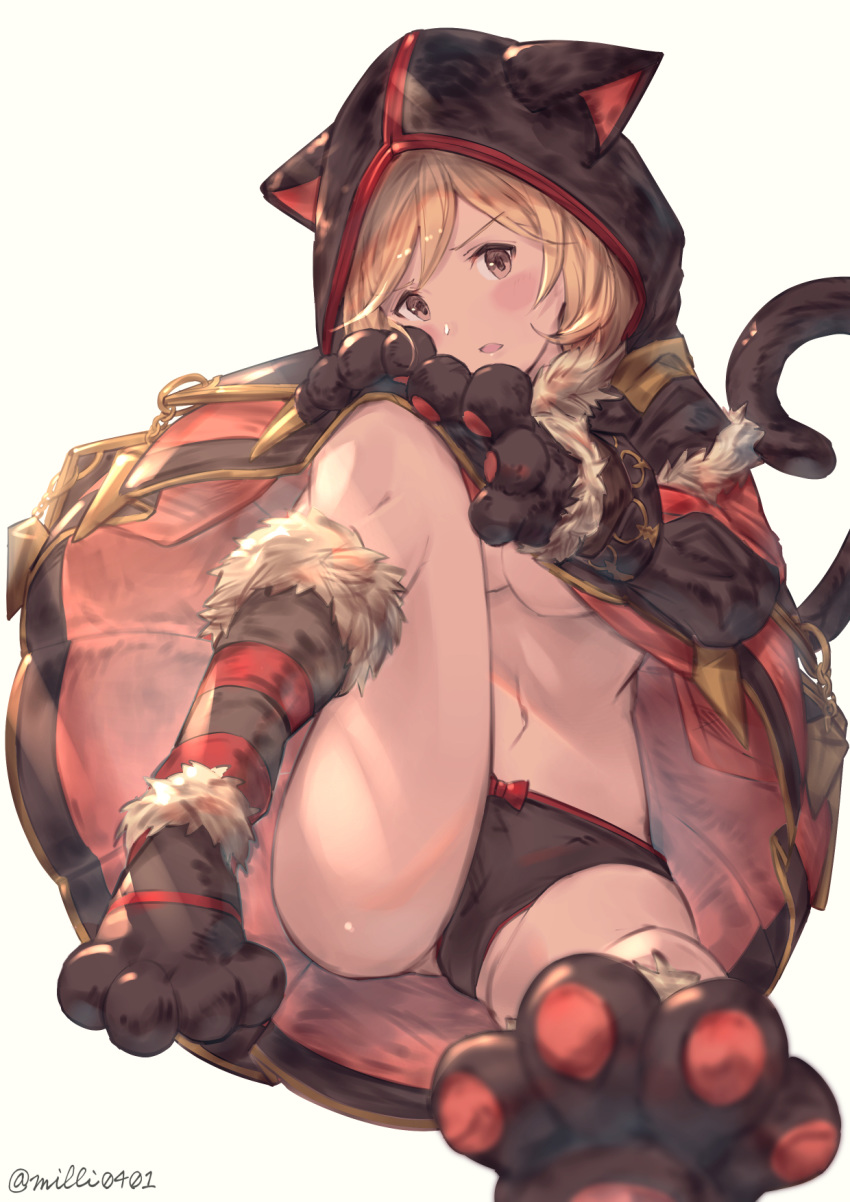 alternate_costume animal_ears animal_hood black_panties blonde_hair blurry blush bow bow_panties breasts brown_eyes capelet cat_ears cat_tail cosplay depth_of_field djeeta_(granblue_fantasy) fake_animal_ears fur_trim gloves granblue_fantasy grass head_tilt highres hood hood_up kemonomimi_mode knights_of_glory kuronekodoushi kuronekodoushi_(cosplay) looking_at_viewer medium_breasts milli_little navel no_pants open_mouth panties parted_lips paw_gloves paw_shoes paws shoes short_hair simple_background sitting solo spread_legs tail underboob underwear white_background