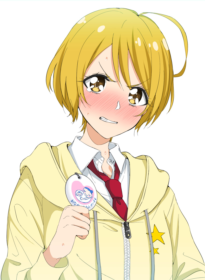 ahoge amekasaikuta blonde_hair commentary_request embarrassed highres holding hood hooded_jacket hugtto!_precure implied_pregnancy jacket kagayaki_homare l'avenir_academy_uniform looking_at_viewer maternity_mark precure red_neckwear school_uniform short_hair solo star upper_body yellow_eyes