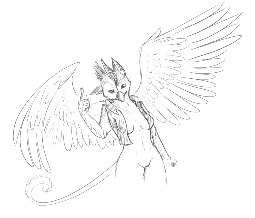 anthro anthrofied avian beak bottle clothing feathered_wings feathers female gryphon looking_at_viewer monochrome nude nyxapnea shirt simple_background sketch solo white_background wings