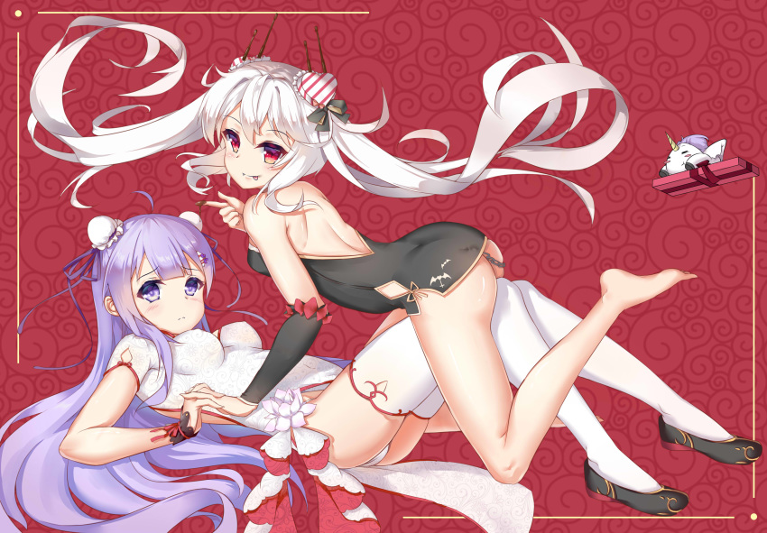 :p absurdres ahoge alicorn animal animal_ears ass azur_lane backless_dress backless_outfit bare_back bare_legs bare_shoulders barefoot black_bow black_dress black_footwear black_ribbon blush blush_stickers bow box breasts bun_cover chain china_dress chinese_clothes chinese_commentary chocolate chocolate_on_fingers closed_mouth commentary_request covered_nipples detached_sleeves double_bun dress flower_knot food_on_finger gift gift_box hair_bow hair_ornament heart heart_hair_ornament highres holding_hands interlocked_fingers large_breasts long_hair long_sleeves lying microdress multiple_girls no_panties on_back panties purple_eyes purple_hair red_eyes ribbon shoes short_sleeves side_bun silver_hair small_breasts smile strapless strapless_dress tassel thighhighs tongue tongue_out twintails underwear unicorn_(azur_lane) vampire_(azur_lane) very_long_hair white_dress white_legwear white_panties wrist_cuffs yiyu_qing_mang