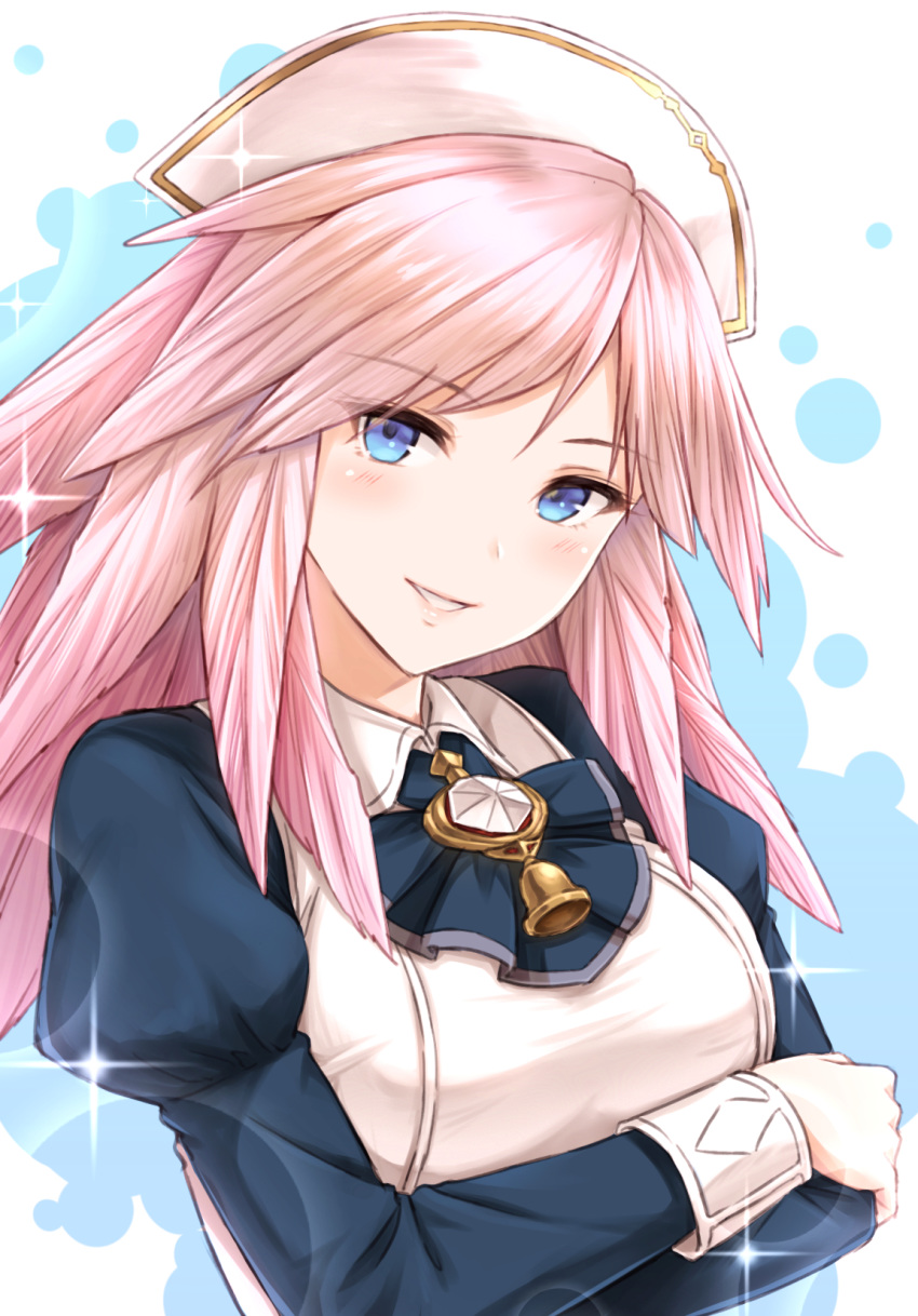 crossed_arms eyebrows_visible_through_hair gabriel_(granblue_fantasy) granblue_fantasy head_tilt headdress highres long_hair long_sleeves looking_at_viewer parted_lips pink_hair puffy_long_sleeves puffy_sleeves smile solo sparkle tomo_(user_hes4085)