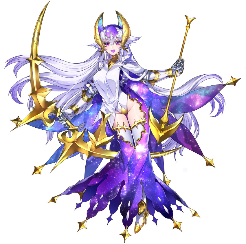 absurdres arrow ass_visible_through_thighs blush bow_(weapon) commentary_request earrings gauntlets gen_7_pokemon headwear high_heels highres holding holding_arrow holding_bow_(weapon) holding_weapon jewelry katagiri_hachigou left-handed long_hair lunala open_mouth open_pants personification pokemon purple_eyes shoulder_pads simple_background smile solo star star_print thighhighs very_long_hair weapon white_hair