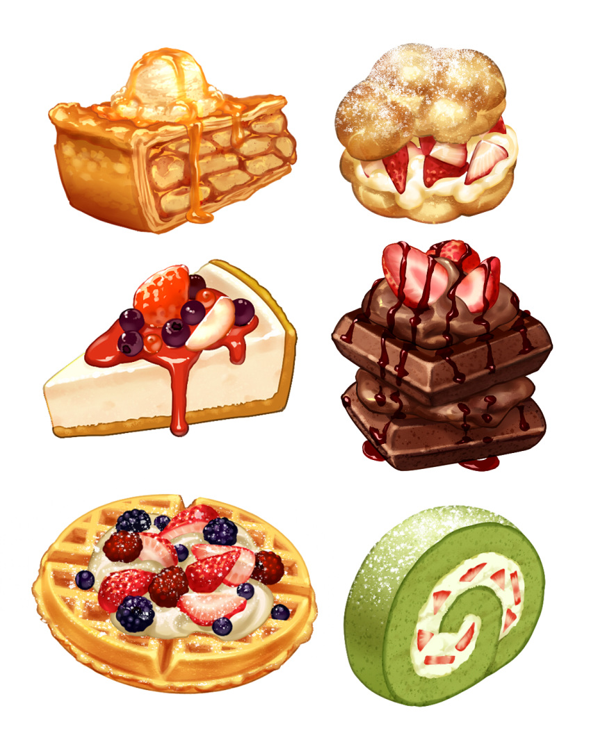 blackberry_(fruit) blueberry cake cheesecake chocolate chocolate_brownie chocolate_syrup cream_puff dessert food fruit highres honey ice_cream no_humans original pie simple_background still_life strawberry strawberry_syrup swiss_roll tokie_(tokie-mizu) waffle whipped_cream white_background