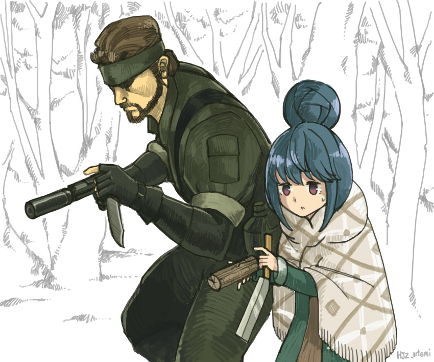 1girl absurdres beard blue_hair canteen commentary_request crossover facial_hair gun hair_bun handgun highres hjz holding holding_gun holding_weapon knife metal_gear_(series) metal_gear_solid_3 naked_snake ootsuka_akio pistol seiyuu_connection shima_rin suppressor weapon yurucamp