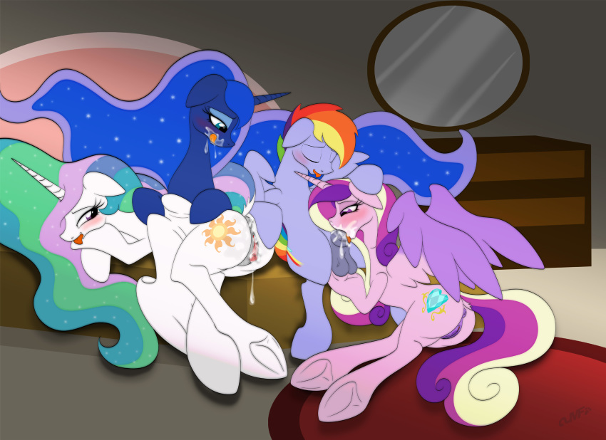 2016 anus balls bed blush cum cum_in_mouth cum_inside cutie_mark equine erection feathered_wings feathers fellatio female feral friendship_is_magic furniture group horn inside male mammal miniferu mirror my_little_pony oral pegasus princess_cadance_(mlp) princess_celestia_(mlp) princess_luna_(mlp) pussy rainbow_blaze_(mlp) sex smile tongue tongue_out unicorn winged_unicorn wings