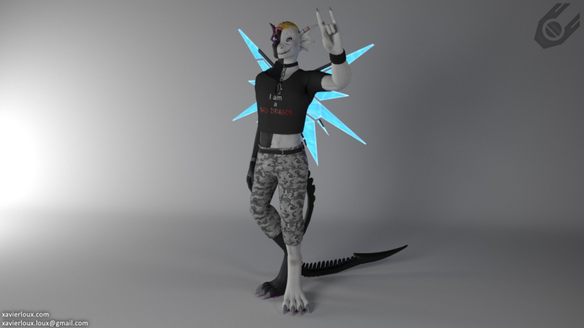 3d_(artwork) anthro black_scales black_sclera blonde_hair camo chain claws clothed clothing collar digital_media_(artwork) dragon duality duality448 ear_piercing hair lezar99 male original_character_do_not_steal paws piercing pink_hair purple_eyes rainbow_eye scales scalie white_scales xenomorph_tail
