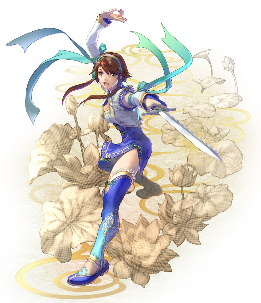 absurdres arm_up bangs breasts brown_eyes brown_hair chai_xianghua china_dress chinese_clothes cleavage detached_sleeves dress eyebrows_visible_through_hair fighting_stance flower full_body hairband highres holding holding_sword holding_weapon kawano_takuji left-handed long_hair looking_at_viewer lotus medium_breasts official_art open_mouth outstretched_arm ribbon shoes simple_background smile solo soulcalibur soulcalibur_vi sword thighhighs weapon white_background zettai_ryouiki