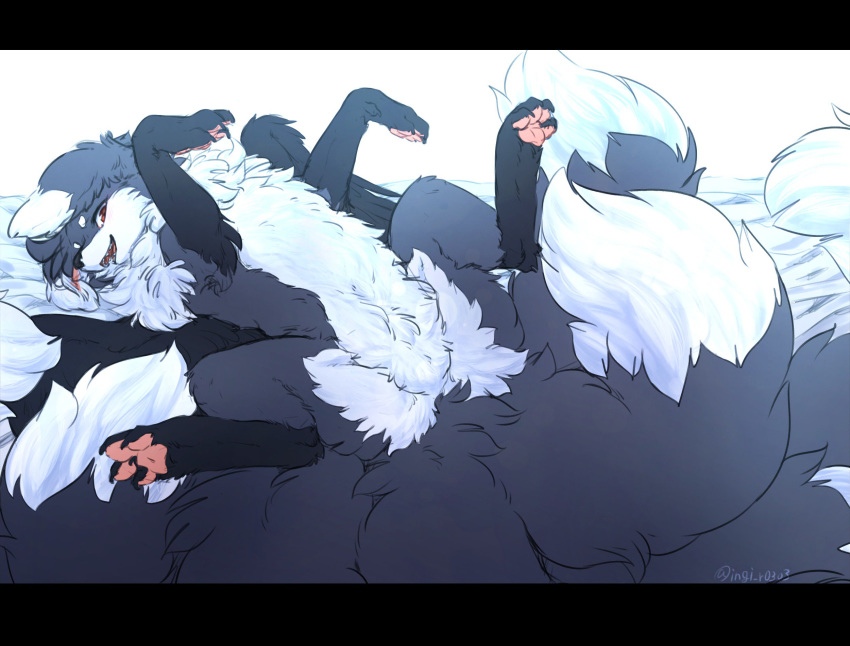canine feathered_wings feathers female feral fluffy fluffy_tail fox hi_res ingi ingi_(character) kemono mammal multi_tail pawpads paws pink_pawpads red_eyes solo spread_legs spreading wings