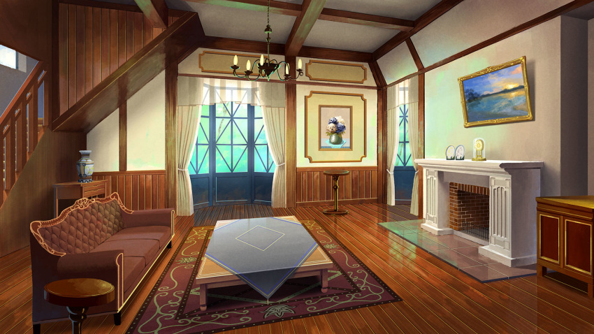 candelabra clock commentary_request couch fireplace indoors naohiro no_humans original painting_(object) reflective_floor scenery stairs table vase window wooden_floor