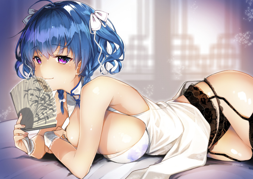azur_lane bangs bare_shoulders black_legwear black_panties blue_hair blush braid breasts bridal_gauntlets china_dress chinese_clothes closed_mouth commentary_request dress eyebrows_visible_through_hair fan garter_straps hair_ribbon holding holding_fan large_breasts lying on_stomach panties purple_eyes ribbon smile solo st._louis_(azur_lane) thighhighs twin_braids underwear unmoving_pattern white_dress white_ribbon yu_yu