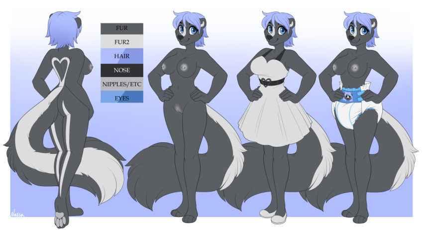 2018 4_toes 5_fingers anthro areola audrey_skunk big_breasts black_nose breasts butt clothed clothing color_swatch diaper dress female fur grey_fur grey_pussy hair hand_on_hip hands_on_hips heart_pattern hi_res infantilism long_tail looking_at_viewer mammal model_sheet multicolored_fur nipple_piercing nipples nude pawpads paws piercing pussy short_hair side_boob silvy_skunkette simple_background skunk smile solo strawberryneko toes two_tone_fur white_fur