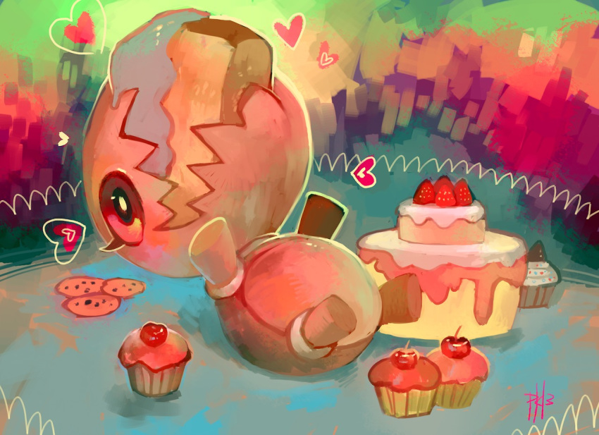 commentary commission cookie cupcake eating eyelashes food fruit full_body gen_3_pokemon glitchedpuppet happy heart lying multicolored multicolored_background no_humans on_back pokemon pokemon_(creature) red_eyes signature solo strawberry trapinch