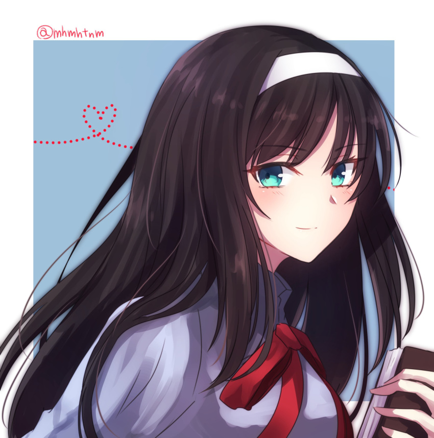 absurdres black_hair blouse blue_eyes blue_sailor_collar blush book closed_mouth commentary_request eyebrows_visible_through_hair hairband heart highres holding holding_book long_hair long_sleeves looking_at_viewer neck_ribbon red_neckwear red_ribbon ribbon sailor_collar smile solo tanaji toono_akiha tsukihime twitter_username white_hairband