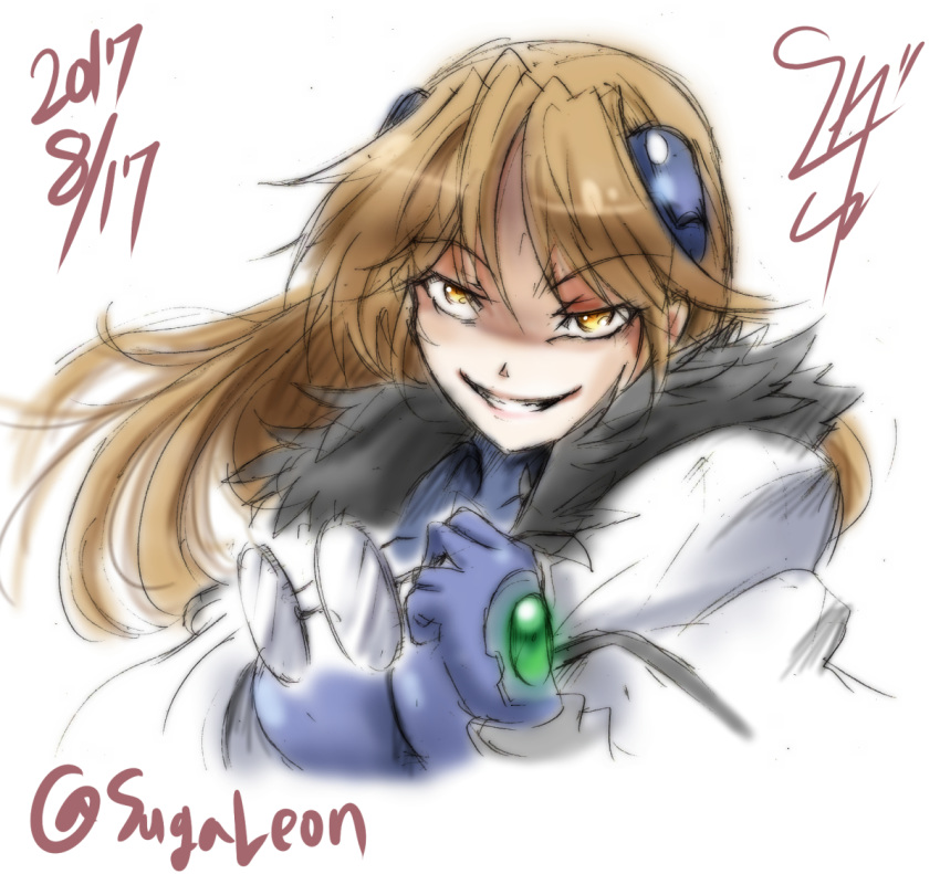 artist_name bangs blue_bodysuit bodysuit brown_eyes brown_hair commentary dated evil_grin evil_smile eyebrows_visible_through_hair eyewear_removed glasses graphite_(medium) grin hair_down hair_ornament holding holding_eyewear long_hair long_sleeves looking_at_viewer lyrical_nanoha mahou_shoujo_lyrical_nanoha_strikers numbers'_uniform numbers_(nanoha) quattro_(nanoha) round_eyewear signature sketch smile solo suga_leon traditional_media twitter_username upper_body white_coat