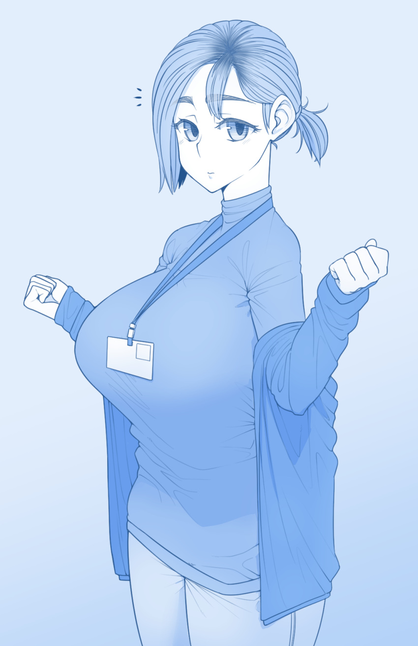 blue blue_background breasts clenched_hands closed_mouth cowboy_shot ekz_(drawfag) eyebrows_visible_through_hair highres huge_breasts id_card jacket lanyard long_sleeves looking_at_viewer monochrome name_tag off_shoulder original pants ponytail short_hair simple_background sleeves_past_wrists solo standing sweater thick_eyebrows w_arms