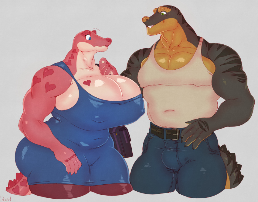 &lt;3 alligator anthro belt big_breasts bludge breasts clothed clothing crocodilian duo female huge_breasts male mammal muscular muscular_female muscular_male nipple_bulge overweight reptile roly scalie smile standing