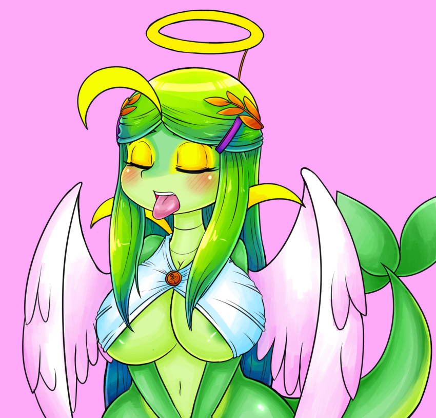 basketgardevoir big_breasts breasts eyes_closed female green_hair hair midori_(basketgardevoir) nintendo pok&eacute;mon pok&eacute;mon_(species) snivy tongue tongue_out video_games wings