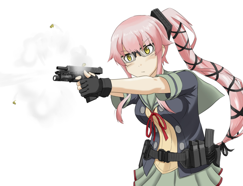 ammunition belt bespectacled cartridge commentary_request glasses glock gloves gun hair_flaps hair_ribbon handgun highres holding holding_gun holding_weapon kantai_collection long_hair maaranto magazine_(weapon) partly_fingerless_gloves pink_hair pistol ponytail remodel_(kantai_collection) ribbon school_uniform serafuku short_sleeves simple_background skirt solo very_long_hair weapon yellow_eyes yura_(kantai_collection)