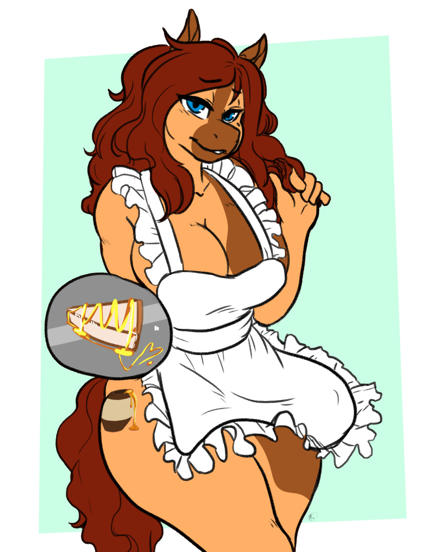 2018 5_fingers anthro apron arnachy blue_background blue_eyes border breasts brown_fur brown_hair brown_tail cleavage clothed clothing cutie_mark digital_media_(artwork) equine eyebrows eyebrows_visible_through_hair fan_character female food fur hair hi_res horse humanoid_hands long_hair long_tail looking_at_viewer mammal multicolored_fur my_little_pony naked_apron outside_border pie plate pony portrait simple_background smile solo tan_fur three-quarter_portrait two_tone_fur white_border white_clothing white_topwear