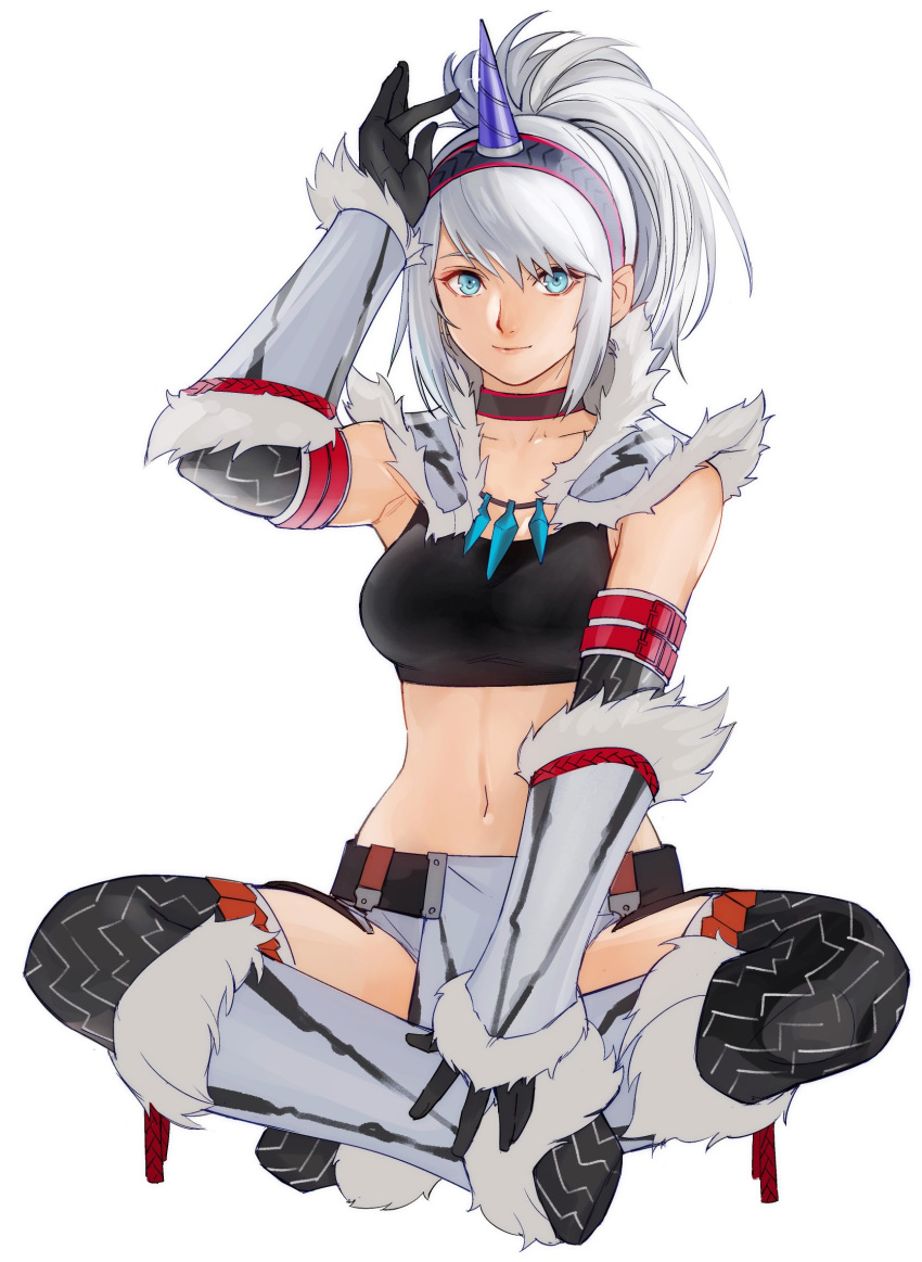 black_choker blue_eyes boots bracer breasts character_request choker closed_mouth crop_top full_body fur_trim hairband hand_up highres horn indian_style kirin_(armor) large_breasts looking_at_viewer monster_hunter monster_hunter:_world navel pelvic_curtain ponytail silver_hair simple_background sitting smile solo tetsu_(kimuchi) white_background