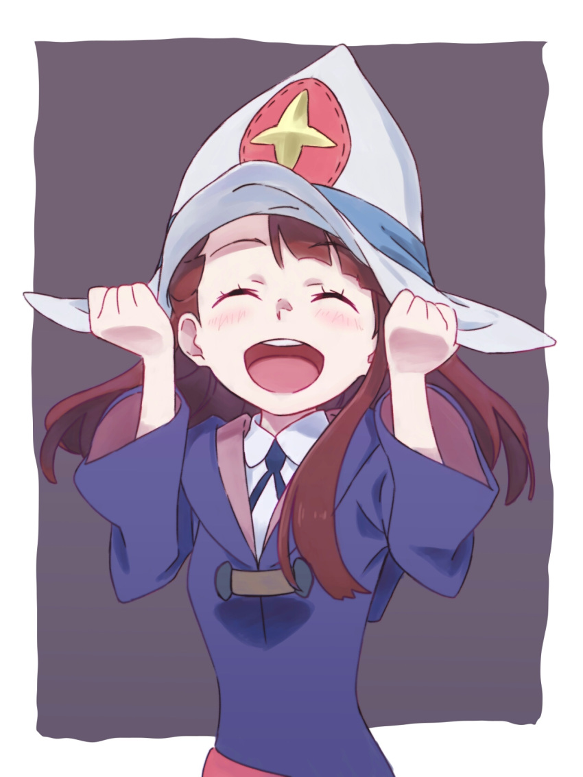 alternate_headwear blush brown_hair closed_eyes commentary happy highres kagari_atsuko little_witch_academia luna_nova_school_uniform open_mouth smile solo tama_(tama-s)