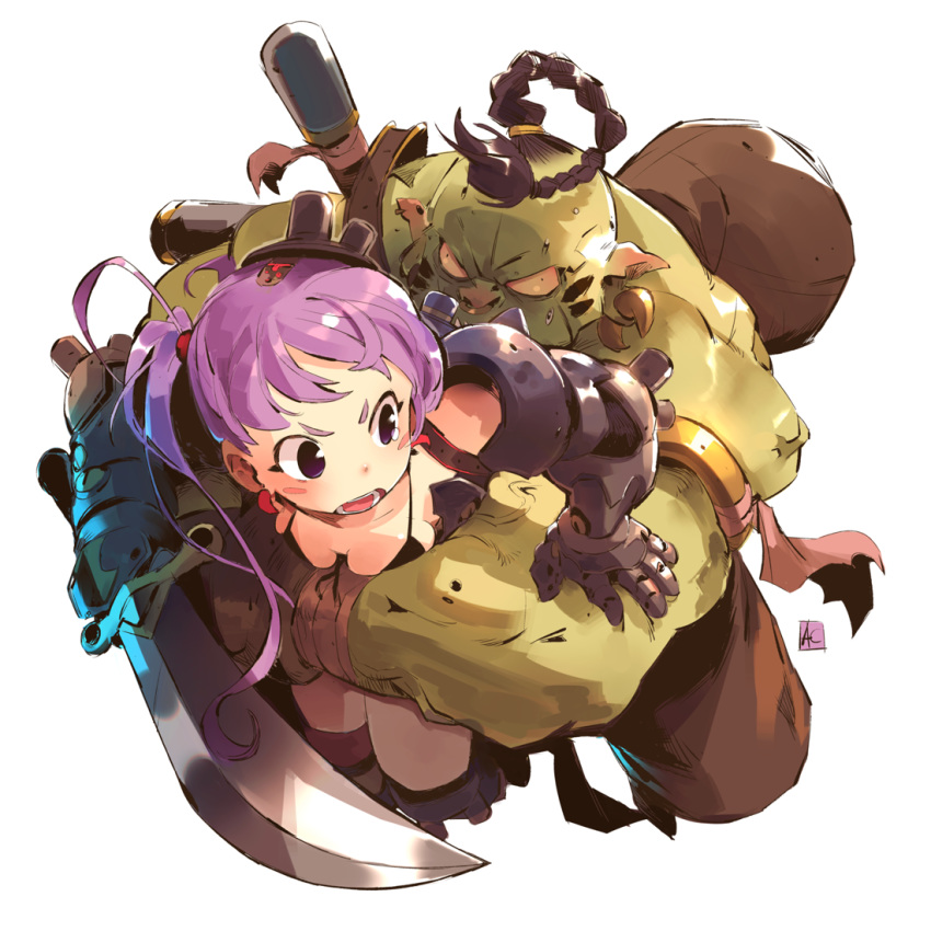 1girl andrea_cofrancesco bangs black_bra blush_stickers boots bra braid breasts brown_hair gauntlets green_skin holding holding_sword holding_weapon long_hair medium_breasts muscle open_mouth orc original purple_eyes purple_hair rape_face restrained scimitar signature simple_background sword tears twintails underwear weapon white_background
