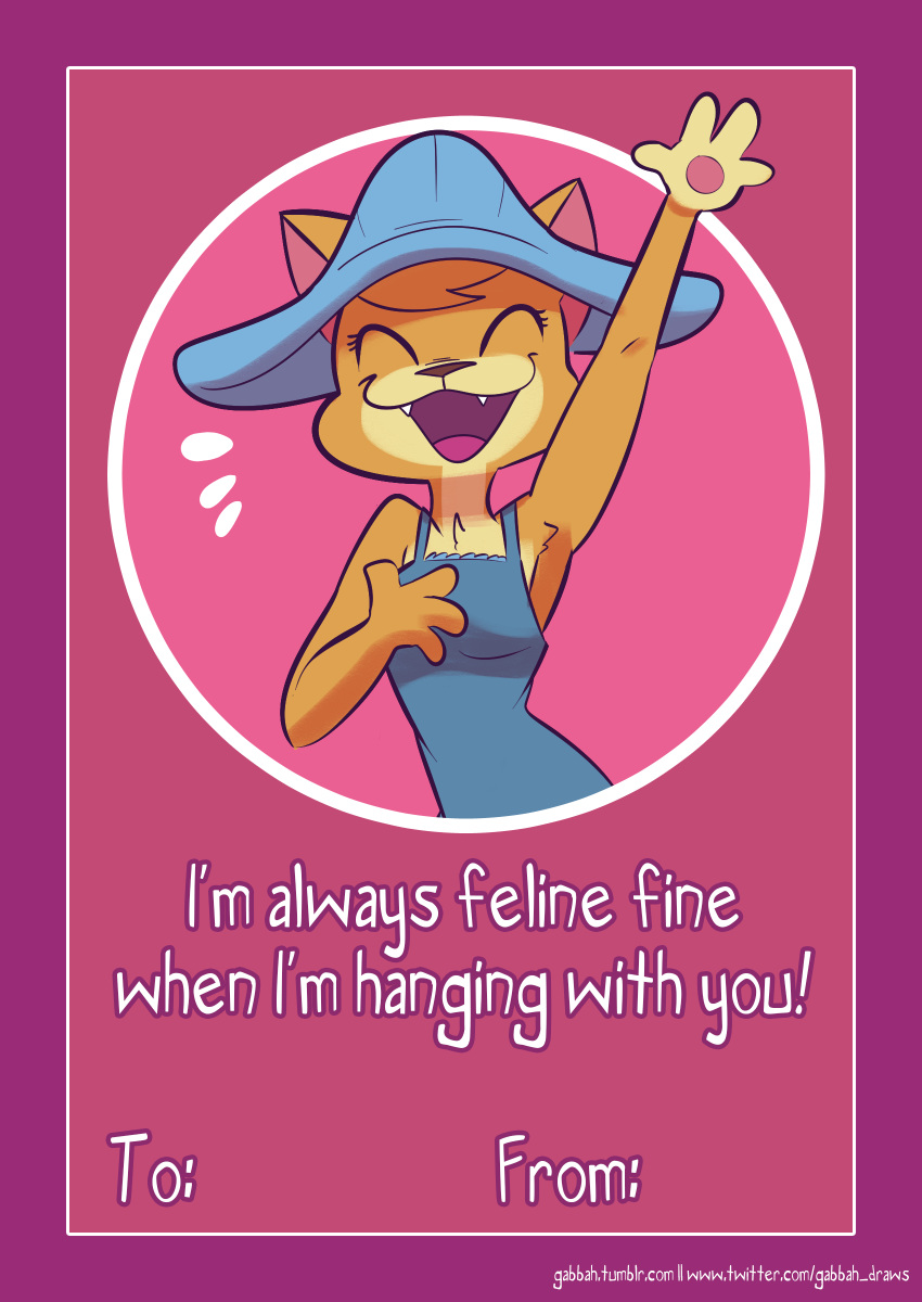 2018 4_fingers anthro breasts brown_fur cat digital_media_(artwork) english_text eyes_closed fangs feline female fur gabbah hat holidays lily_(gabbah) mammal open_mouth pose raised_arm simple_background smile solo text valentine's_day