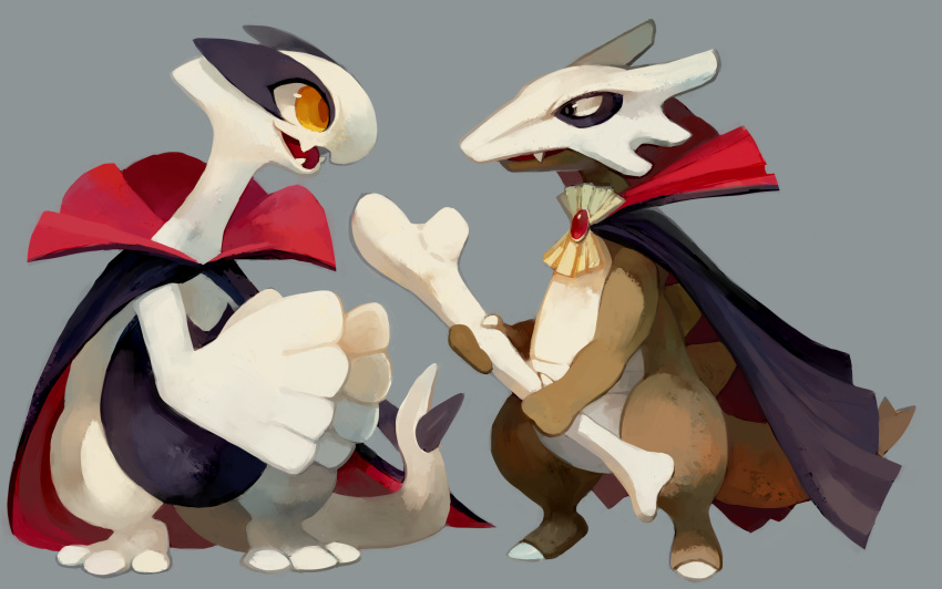 bone brown_eyes cape commentary fangs full_body fushigi_no_dungeon gen_2_pokemon glitchedpuppet grey_background hands_together highres holding holding_bone lugia marowak no_humans open_mouth orange_eyes pokemon pokemon_(creature) pokemon_(game) pokemon_fushigi_no_dungeon simple_background smile standing