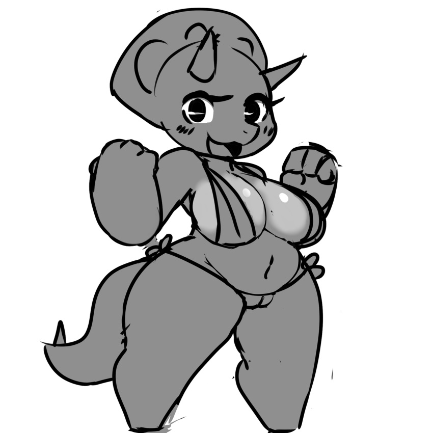 2018 anthro belly big_breasts bikini blush breasts camel_toe ceratopsian cleavage clothed clothing darky dinosaur eyelashes female front_view horn looking_at_viewer navel open_mouth pinup pose scalie shortstack slightly_chubby smile solo standing swimsuit thick_thighs triceratops wide_hips