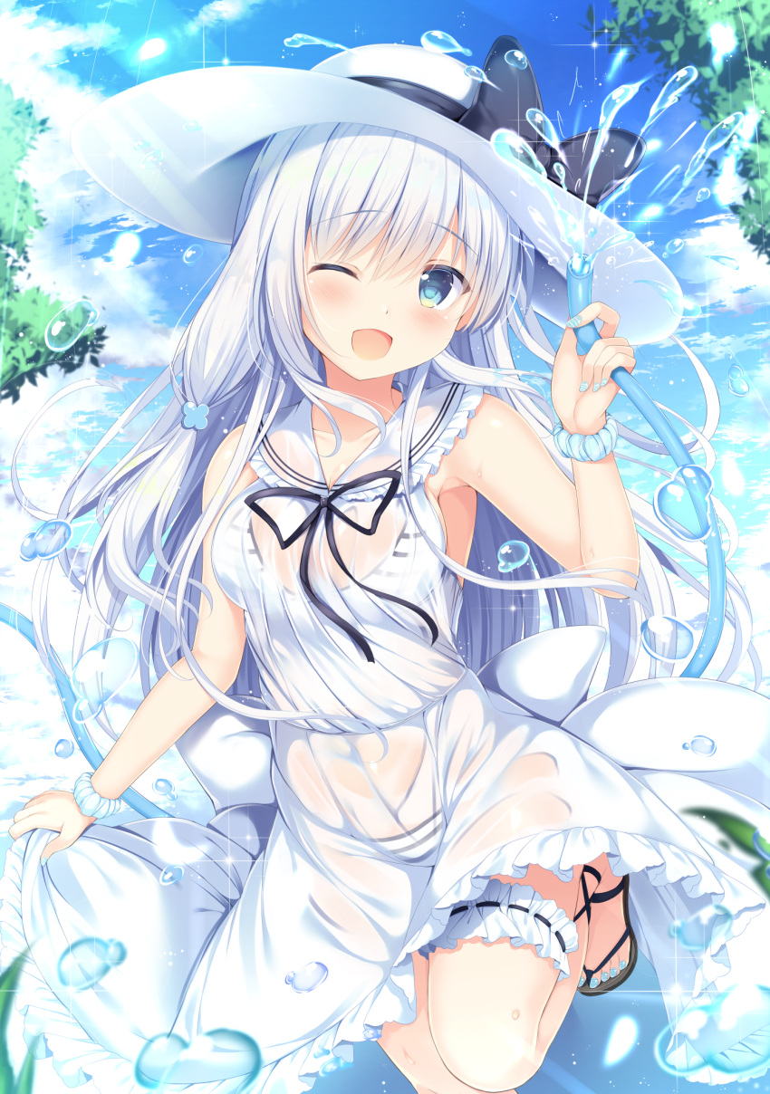 ;d bangs bikini bikini_under_clothes black_bow blue_eyes blue_nails blue_scrunchie blue_sky blush bow breasts brown_footwear cloud commentary_request day dress eyebrows_visible_through_hair hair_between_eyes hat hat_bow highres holding holding_hose hose leg_garter long_hair medium_breasts moe2018 nail_polish one_eye_closed open_mouth original outdoors sandals scrunchie see-through silver_hair skirt_hold sky sleeveless sleeveless_dress smile solo standing standing_on_one_leg striped striped_bikini sun_hat swimsuit toenail_polish toenails tomoo_(tomo) very_long_hair water wet wet_clothes wet_dress white_dress white_hat wrist_scrunchie