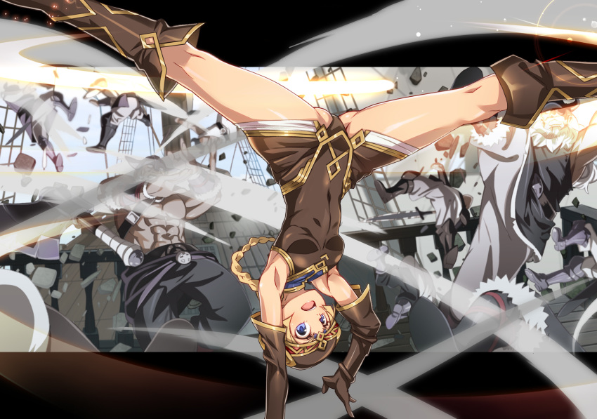 :d abs armpits ass blonde_hair blue_eyes boots braid breasts brown_gloves elbow_gloves frei gloves helmet highres kicking long_hair nyoro_(nyoronyoro000) open_mouth small_breasts smile solo_focus teeth thigh_boots thighhighs topless upside-down valkyrie_profile