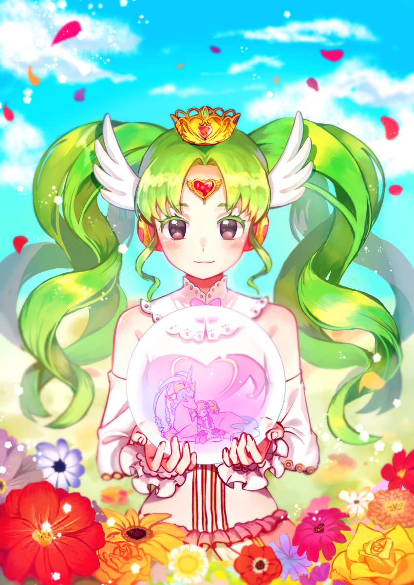 absurdres arm_warmers bangs bare_shoulders blue_hair bow chizu_(cheese) crystal_ball day dress falulu flower forehead_jewel green_hair head_wings heart highres idol_time_pripara long_hair looking_at_viewer outdoors parted_bangs pretty_(series) pripara smile solo tiara twintails unicorn