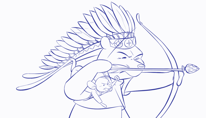 &gt;:d 2015 aiming arrow bear blue_and_white bottomless bow_(weapon) clothed clothing digital_drawing_(artwork) digital_media_(artwork) disney duo feathers fist headwear holding_object holding_weapon kangaroo mammal marsupial monochrome one_eye_closed open_mouth open_smile pooh_bear raised_arm ranged_weapon roo_(winnie_the_pooh) simple_background smile snacknite weapon white_background winnie_the_pooh_(franchise)