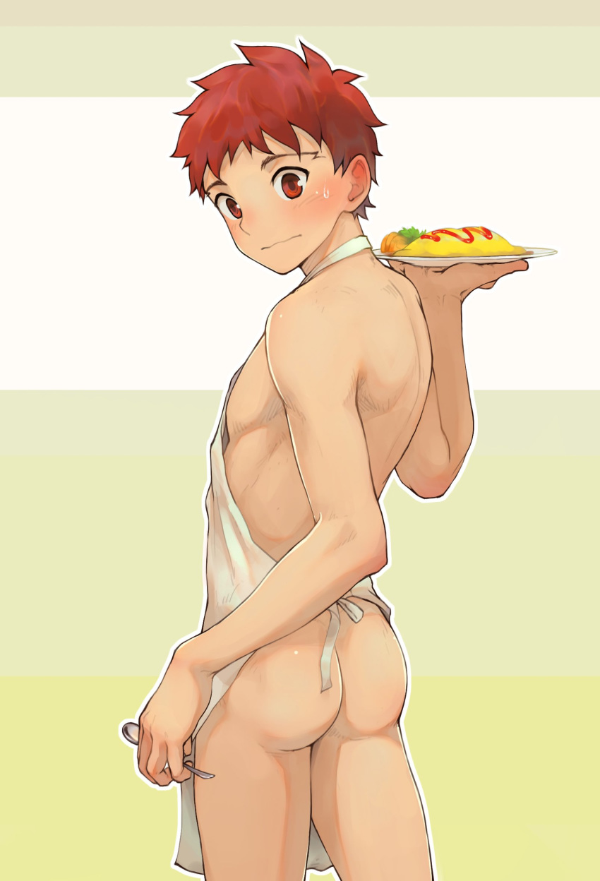 apron ass beitemian blush cowboy_shot emiya-san_chi_no_kyou_no_gohan emiya_shirou fate/stay_night fate_(series) from_behind green_background highres looking_at_viewer looking_back male_focus naked_apron omelet orange_eyes orange_hair plate simple_background solo spoon striped striped_background