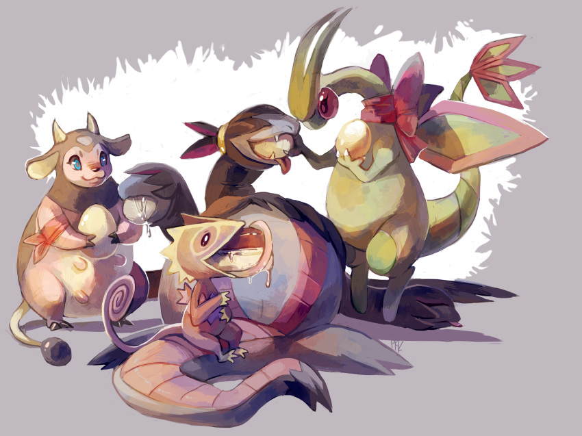 alternate_color blue_eyes claws commentary commission creature drooling eating egg fangs flygon flying full_body fushigi_no_dungeon gen_2_pokemon gen_3_pokemon gen_5_pokemon glitchedpuppet green_skin grey_background highres horns hydreigon kecleon lying miltank neck_ribbon no_humans not_shiny_pokemon on_back pk_(pmd-explorers) pokemon pokemon_(creature) pokemon_(game) pokemon_fushigi_no_dungeon purple_skin red_eyes red_ribbon ribbon sandy_(pmd-explorers) shadow sitting smile standing tail tied_hair white_background