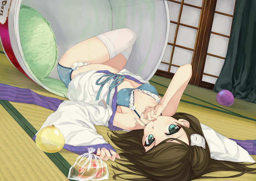 54cr aqua_eyes arm_at_side bad_id bad_pixiv_id blue_bra blue_panties bra brown_hair curtains door dutch_angle fish food haagen-dazs hand_on_own_face ice_cream indoors japanese_clothes koi looking_at_viewer lying moe2018 obi on_back open_clothes open_mouth original panties sash short_hair solo tatami thighhighs underwear white_legwear wide_sleeves